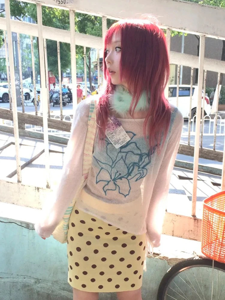 Chic Dollette Harajuku Print Graphic Tops See Through Y2k Aesthetic T-shirt Women Japanese 2000s Fairycore Tee Top Korean Style Tops