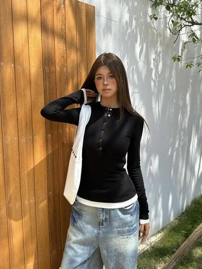 T-shirt Patchwork Chic Dollette Femme Manches Longues Mode Coréenne Tees Vêtements Féminins Printemps Automne Haut Chic Décontracté