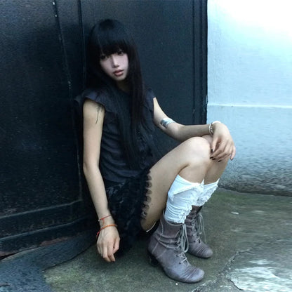 Chic Dollette Y2k Vintage Shirt Women Ruffled Sleeveless Blouse And Shirt 2000s Japanese Grunge Tops American Retro Tank Tops E-girls