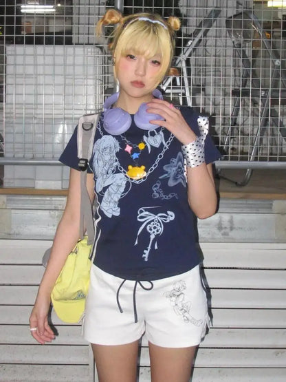 Schickes Dollette Gothic Kurzarm-T-Shirt mit Grafik, Rundhals, eng anliegend, Oberteil im 2000er-Stil, Marineblau, Damenbekleidung, koreanische Mode