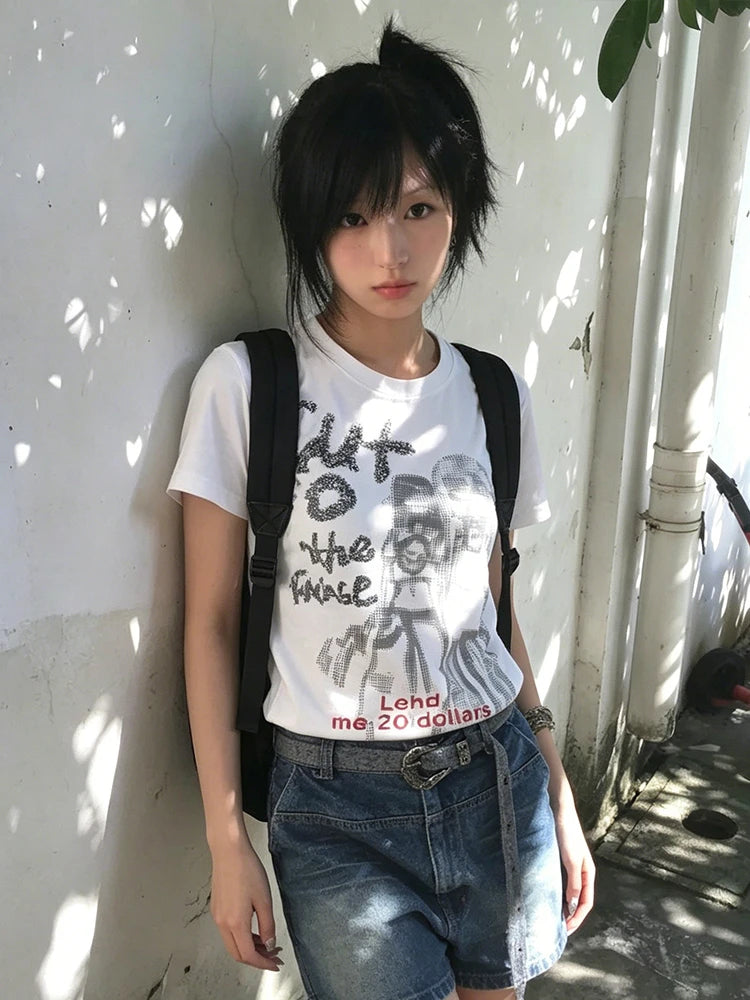 Chic Dollette Harajuku Graphic Print Top Summer Y2k Aesthetics Top Vintage Punk Tee Casual Short Sleeve T-shirt Japanese 2000s