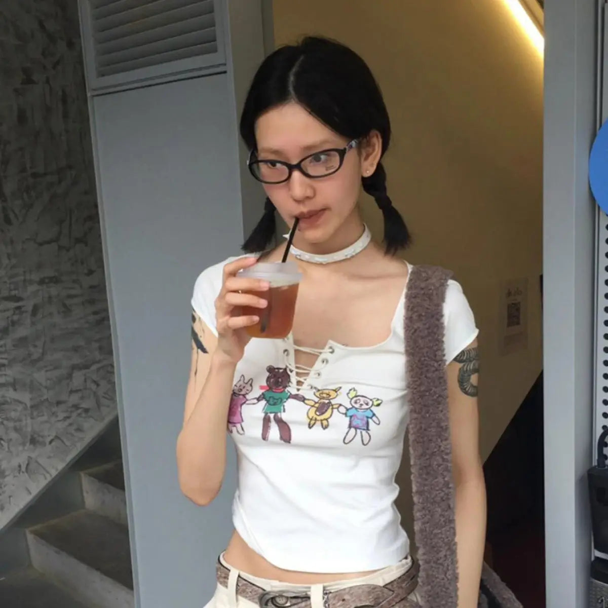Chic Dollette Print Graphic Tees Amerikanischer Retro Kurzarm Cartoon Slim Grunge T-Shirt  T-Shirt Femme Sommer Top