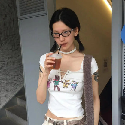 Chic Dollette Print Graphic Tees Amerikanischer Retro Kurzarm Cartoon Slim Grunge T-Shirt  T-Shirt Femme Sommer Top