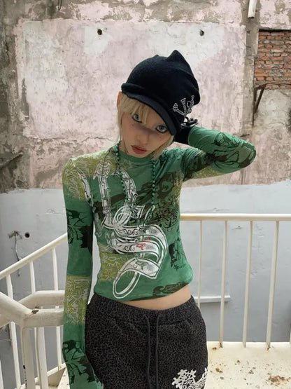 Chic Dollette Print T-Shirt Kleidung Langarm Grün Durchsichtig Grunge Ästhetik Slim Frühlingsoberteil Gothic T-Shirts Elegante T-Shirts