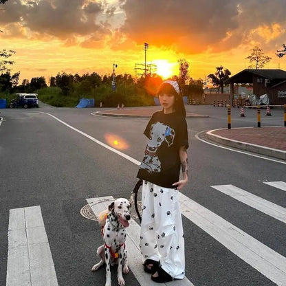 Chic Dollette Streetwear Lässiges Top Print Hunde T-Shirt Loose O-Ausschnitt Kurzarm-T-Shirt 2000er Kleidung Koreanische Mode Damenbekleidung