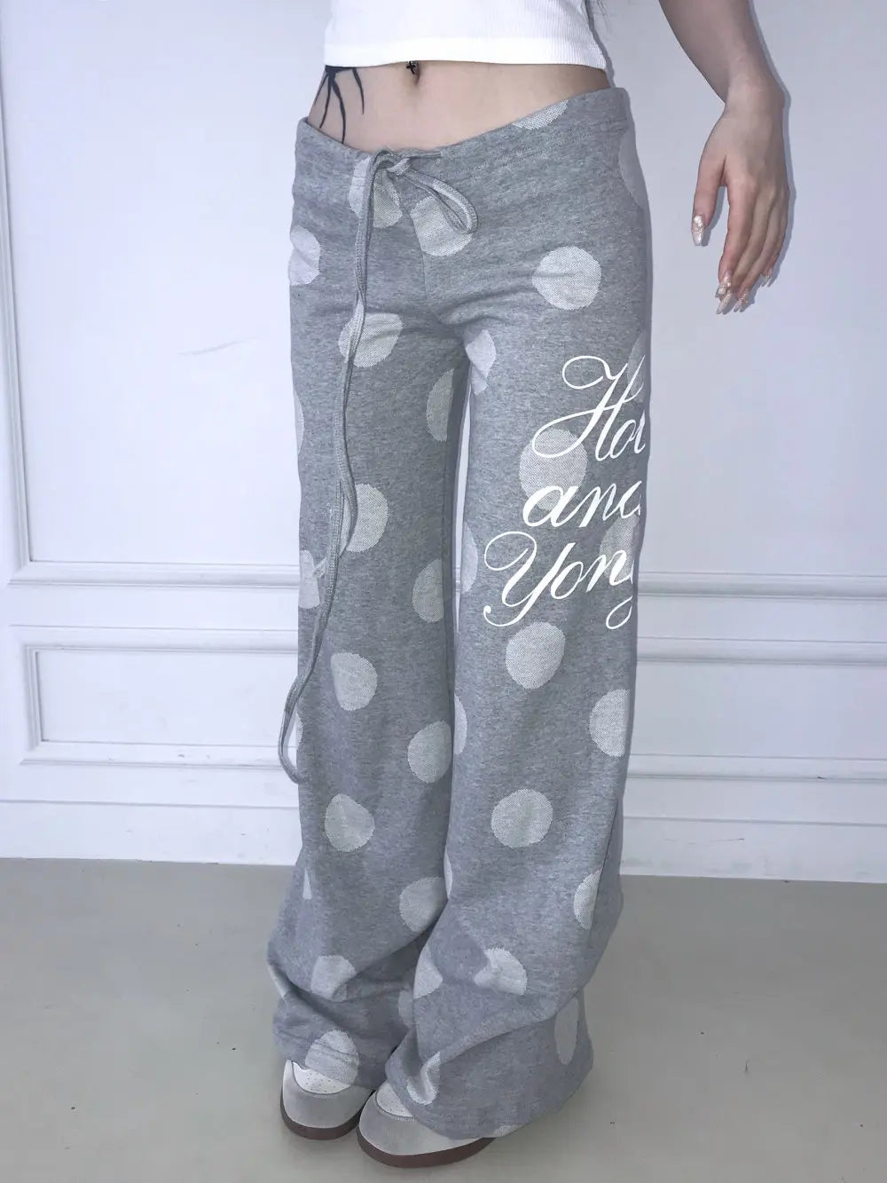 Chic Dollette 2026 new retro Y2K versatile polka dot letter drawstring wide leg pants casual and simple street trend niche fashion personality