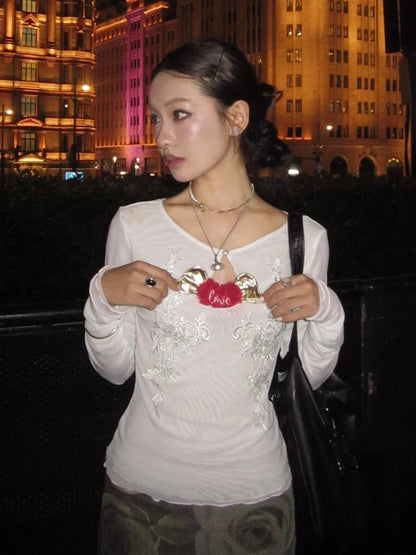 Elegantes Dollette Streetwear Slim Mesh Top Langarm Grafik T-Shirts Koreanische Mode 2000er Kleidung T-Shirts Damenbekleidung Frühling Chic