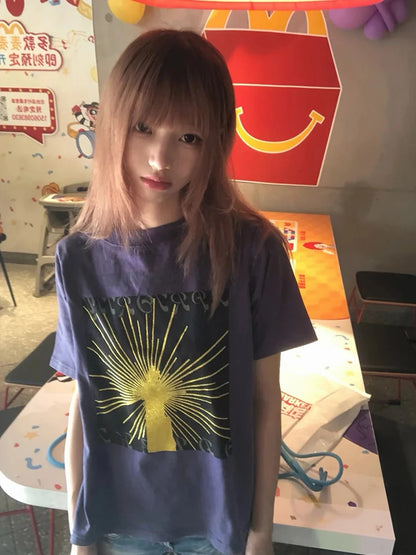 Chic Dollette Japanese Print Graphic Tops Short Sleeve American Retro Vintage Tops Washed Casual T Shirts 2000s Aesthetic Summer