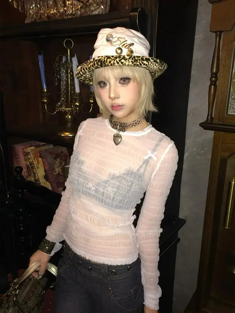 Chic Dollette Vintage Mash Top Durchsichtiges bauchfreies Streetwear Slim Lace White T-Shirt E-Girls Japanese Aesthetic