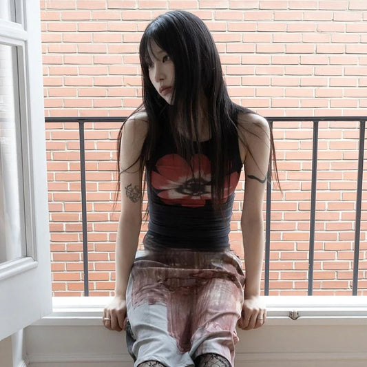 Haut sans manches imprimé floral Chic Dollette T-shirt Streetwear Vintage Grunge Crop Top Y2K Gilet Japonais