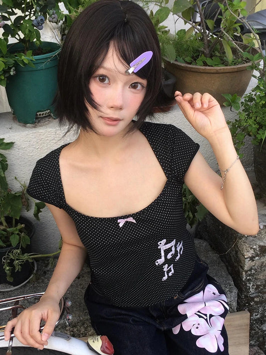 T-shirt Chic Dollette Imprimé Harajuku Manches Courtes Col Carré Crop Top Fairycore Tee Top Streetwear Vintage Grunge Top