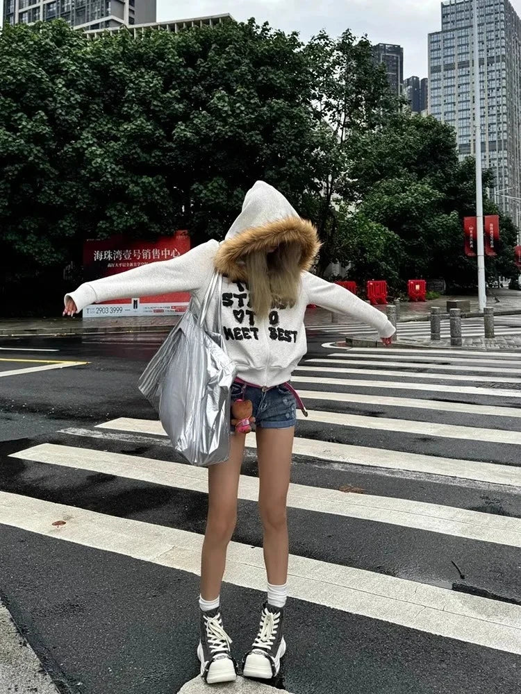 Chic Dollette Koreanische Mode Sweatshirts Harajuku Gothic Bedruckte Mäntel Jacken Subkultur Vintage Kunstfell Kapuzenpullover Lässige Kleidung