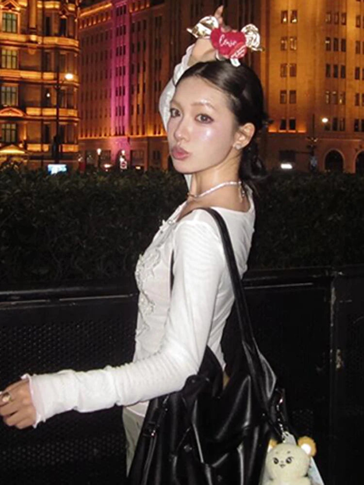 Elegantes Dollette Streetwear Slim Mesh Top Langarm Grafik T-Shirts Koreanische Mode 2000er Kleidung T-Shirts Damenbekleidung Frühling Chic