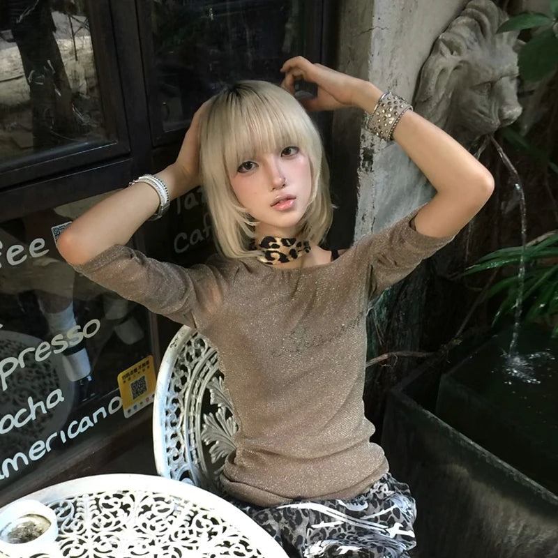 Schickes Dollette Grunge Mesh Top Japanisch 2000er Langarm-T-Shirt Durchsichtig Vintage-Print Grafik-Top Streetwear