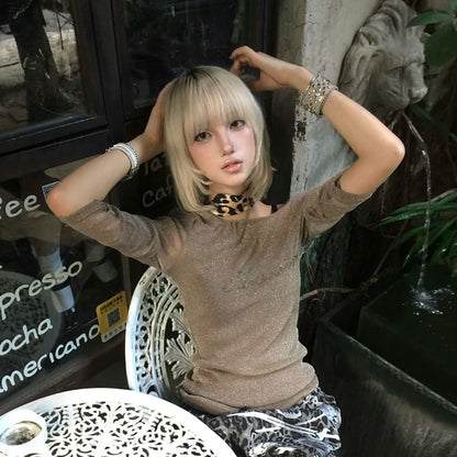 Schickes Dollette Grunge Mesh Top Japanisch 2000er Langarm-T-Shirt Durchsichtig Vintage-Print Grafik-Top Streetwear
