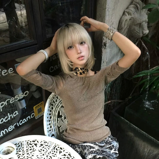 Haut chic Dollette Grunge en maille, t-shirt japonais manches longues années 2000, transparent, imprimé vintage, graphique, streetwear