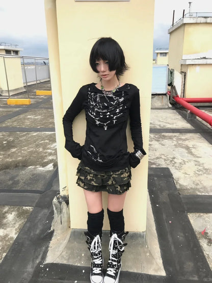 Schickes Dollette Gothic Vintage T-Shirt Langarm Broken Print Grafik Top Japanisches 2000er Grunge Top Streetwear Tee Top