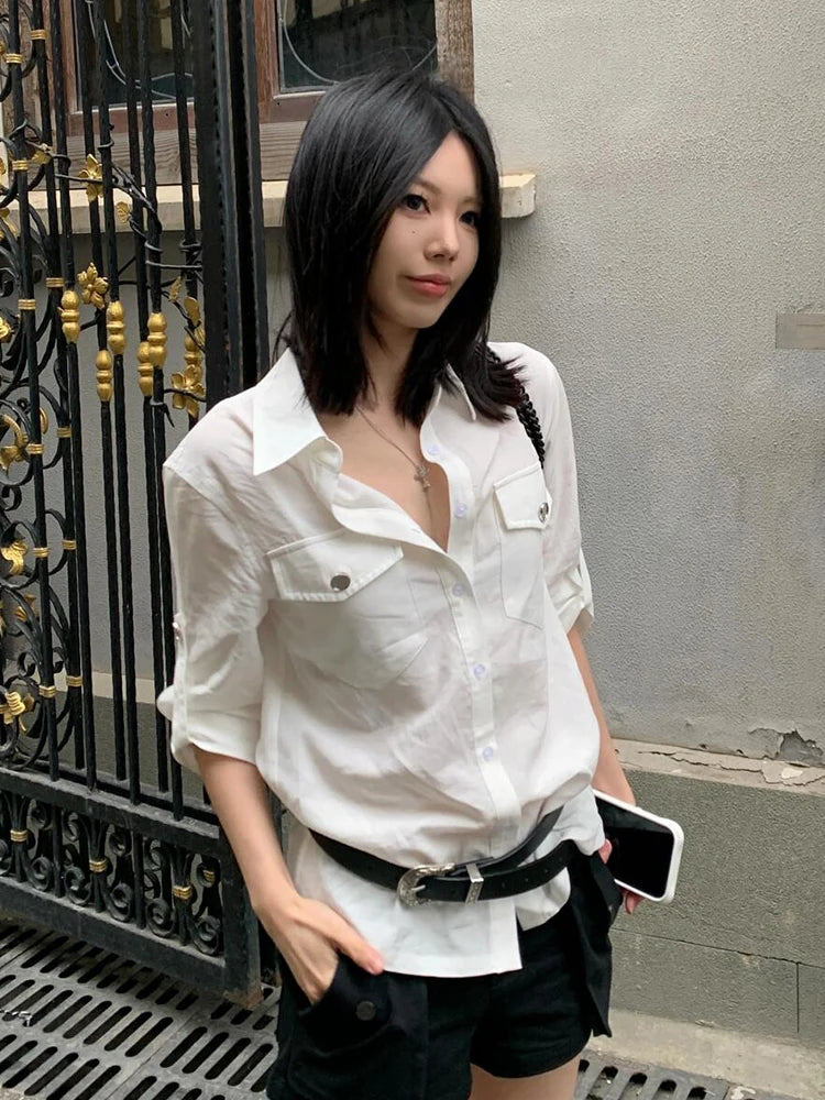 Schickes Dollette Hemd mit Reverskragen und halbem Ärmel, lässiges Sommertop, koreanische Mode, Streetwear Hemden & Blusen, lässiger Herbst