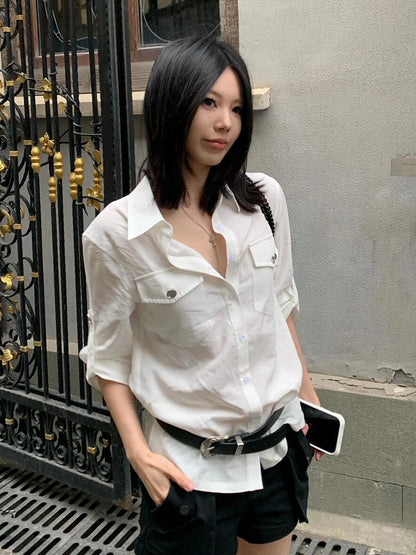 Schickes Dollette Hemd mit Reverskragen und halbem Ärmel, lässiges Sommertop, koreanische Mode, Streetwear Hemden & Blusen, lässiger Herbst