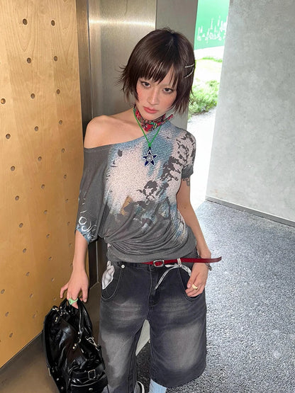 Chic Dollette Hotsweet schulterfreies T-Shirt Kleidung Kurzarm Koreanische Mode T-Shirts Damen Kleidung Sommer Top 2000er