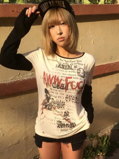 Chic Dollette Punk Letter Print T-Shirt Harajuku Women Men Patchwork Vintage Top Y2k Aesthetic Grunge Loose Tshirts