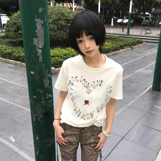 Chic Dollette T-Shirt Japonais Manches Courtes Imprimé Graphique Haut Blanc Grunge Streetwear Américain Rétro Années 90