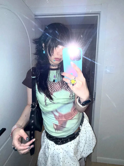 Chic Dollette Print T Shirt Women Short Sleeve Aesthetic 2000s Crop Tops American Retro 90s Graphic Tops Streetwear