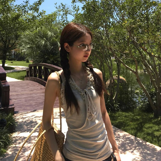 Chic Dollette Débardeur Japonais Sans Manches Col en V Crop Top Streetwear Rétro Américain Années 90 Camisole Dos Nu Été