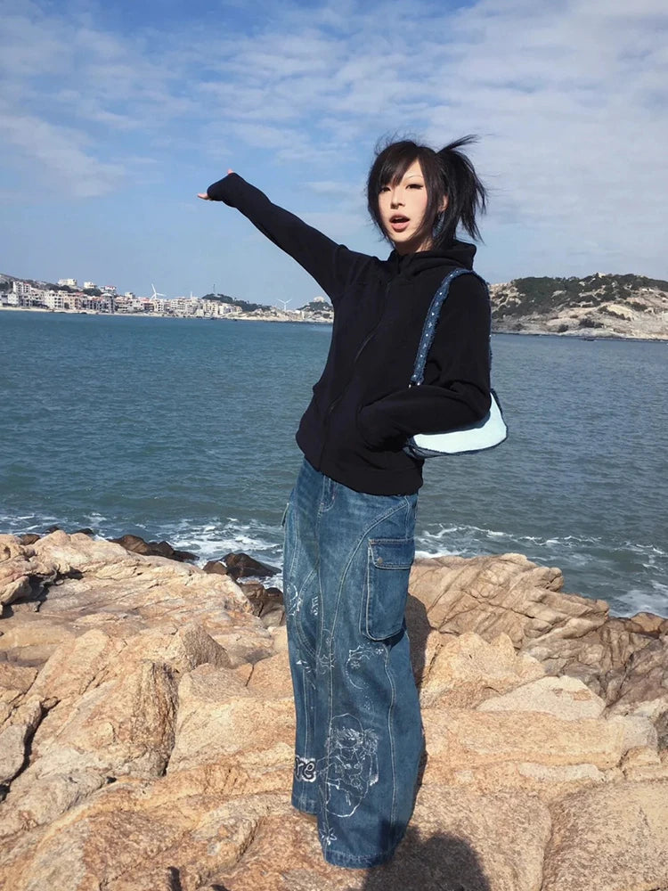 Chic Dollette Sweatshirt noir décontracté à capuche manches longues japonais Manteau d'hiver basique rétro américain Sweat à capuche Streetwear E-girl