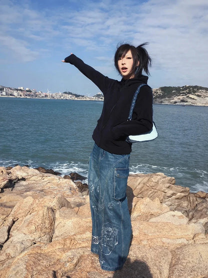 Chic Dollette Sweatshirt noir décontracté à capuche manches longues japonais Manteau d'hiver basique rétro américain Sweat à capuche Streetwear E-girl