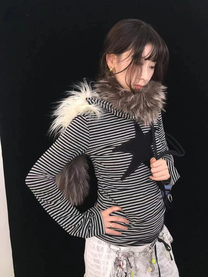 Chic Dollette Vintage Gestreifte Grafik T-Shirts Langarm Herbst Top Koreanische Mode T-Shirts Damen Kleidung 2000er Jahre Kleidung T-Shirt