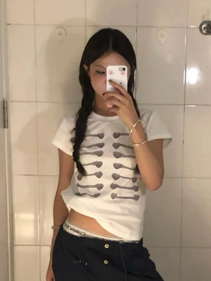 Tonngirl Y2k Print Button Graphic Tops Slim Short Sleeve T-shirt Women Japanese 2000s Vintage Tops American Retro Tee Tops White