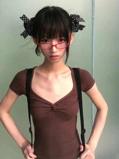 Chic Dollette 2000s Women's T-shirt Short Sleeve Slim Crop Tops Streetwerar Aesthetic 2000s Tee Tops Y2k Fairycore Tshirts