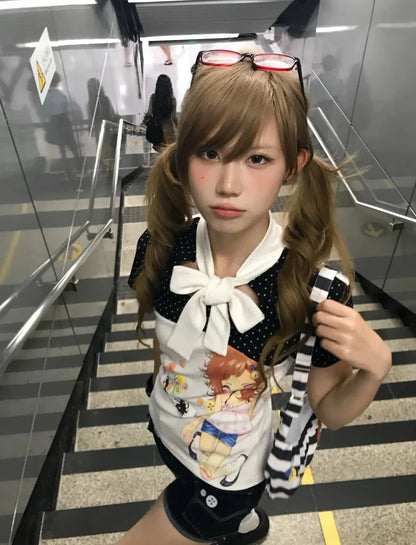 Chic Dollette Anime 2000s Short Sleeve Patchwork Top