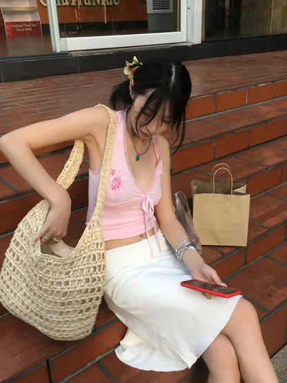 Chic Dollette  Fairycore Tank Tops Women Lace Print Graphic Tops Sleeveless Japanese 2000s Camis E-girls Streetwear Halter Tops