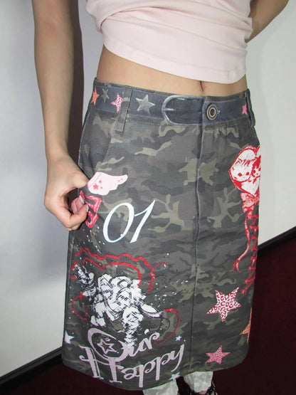 Chic Dollette Petite Y2k 3D Digital Print Camouflage Skirt Retro Punk Graffiti Star High Waist Slit Knee Long Skirt Women Streetwear