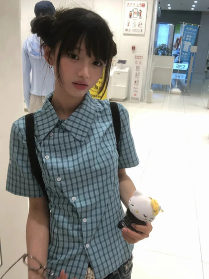 Chic Dollette  Japanese Plaid Shirt Women Short Sleeve Irregular Blouse And Shirt Korean Style Vintage Shirts 2000s Aesthetic