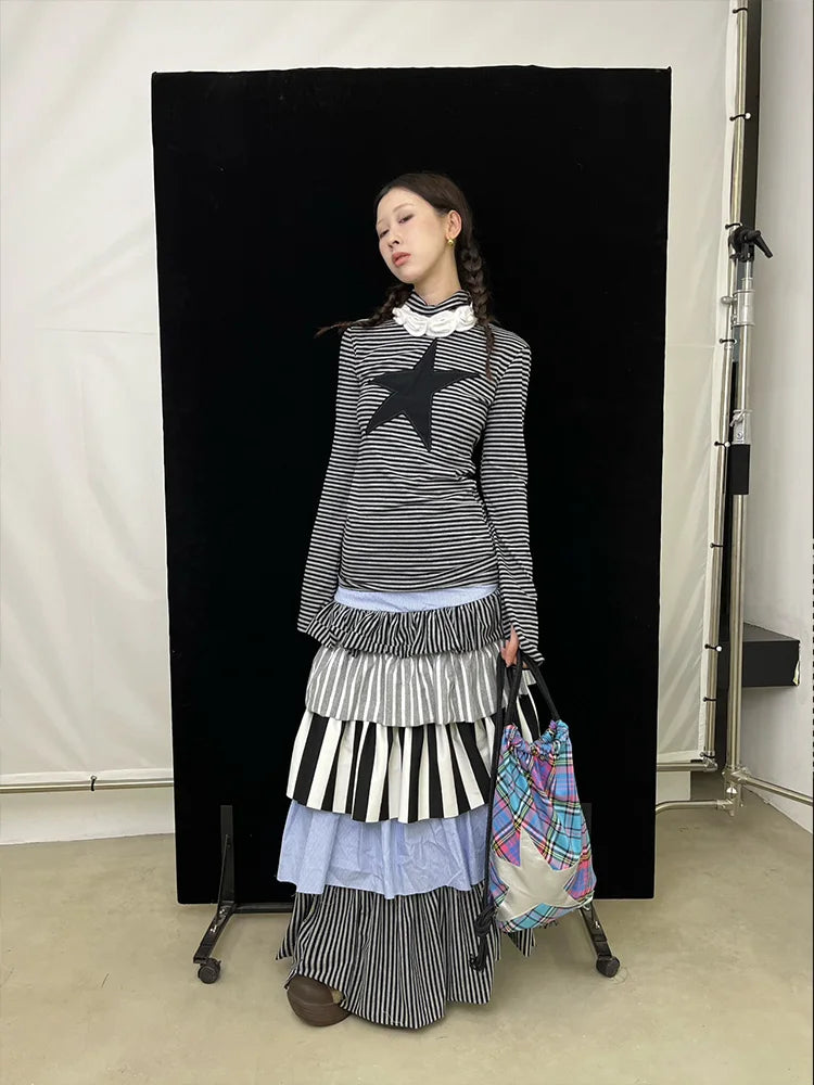Chic Dollette Vintage Gestreifte Grafik T-Shirts Langarm Herbst Top Koreanische Mode T-Shirts Damen Kleidung 2000er Jahre Kleidung T-Shirt