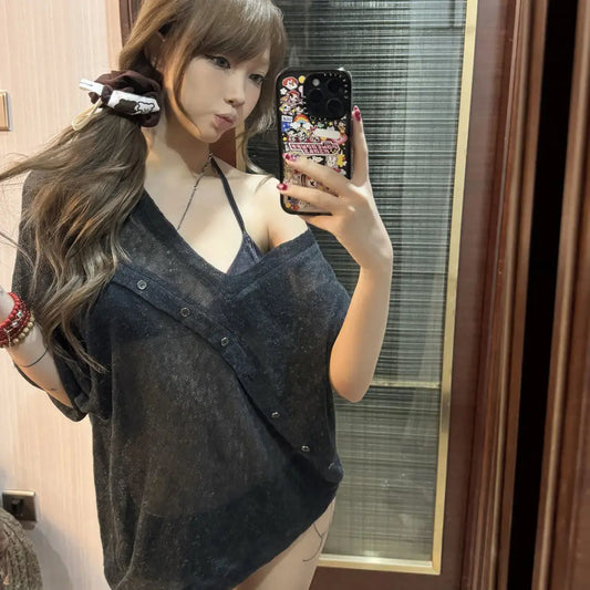 Haut chic Dollette en V ample noir à manches longues transparent pour l'été, style années 2000, T-shirt pour femme