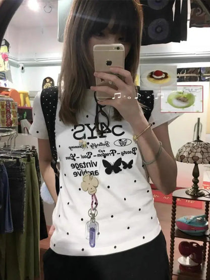 Chic Dollette Lässiges geblümtes Grafik-T-Shirt Kurzarm-Print 2000er Kleidung