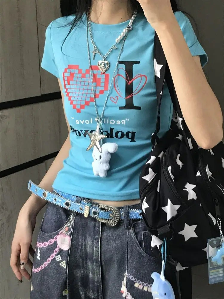 T-shirt Chic Dollette Américain Rétro Col Rond Coupe Slim Motifs Graphiques Vêtements Années 2000 Mode Coréenne Femme Haut Décontracté Manches Courtes