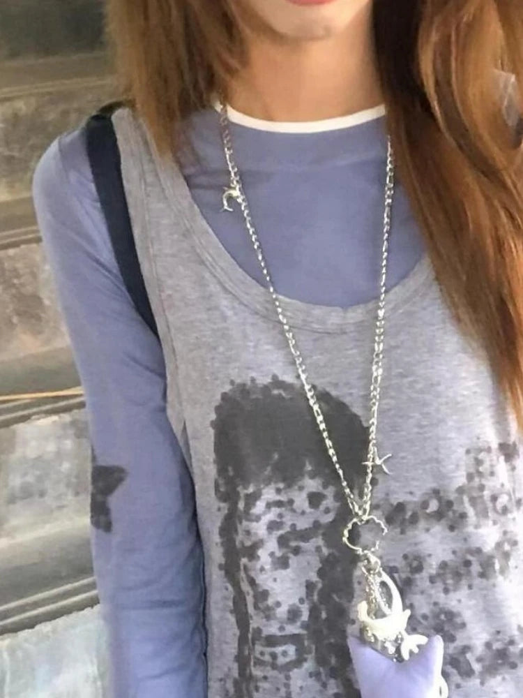 Chic Dollette Two Piece Sets Patchwork Star Printing Long Sleeve T-Shirt + Vintage Cartoon Sleeveless Vest Female Grunge Suit