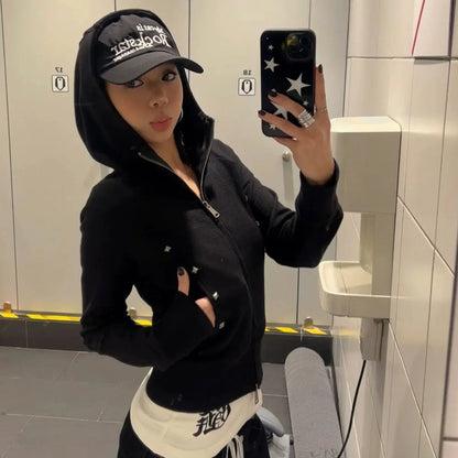 Schicke Dollette Freizeit Nieten Kapuzenpullover Herbst 2025 Zwei Reißverschlüsse Streetwear Mäntel Grunge Schmale Passform Sweatshirts