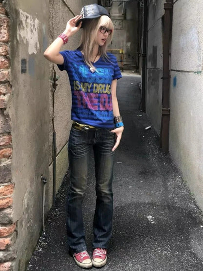 Chic Dollette Stripe Vintage Punk T-shirt Women Streetwear Grunge Letter Rhinestone Tshirts 2026 Summer Streetwear Casual Tees