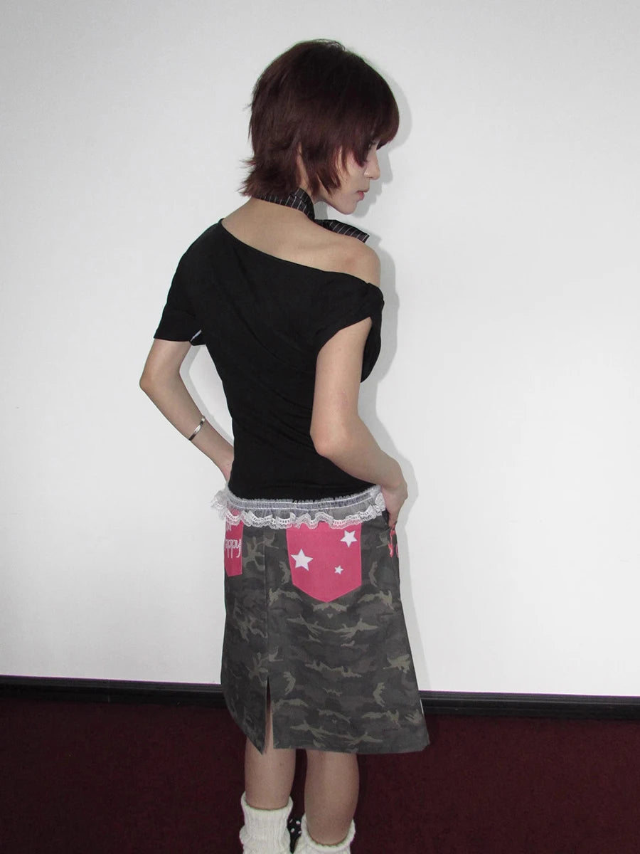 Chic Dollette Petite Y2k 3D Digital Print Camouflage Skirt Retro Punk Graffiti Star High Waist Slit Knee Long Skirt Women Streetwear