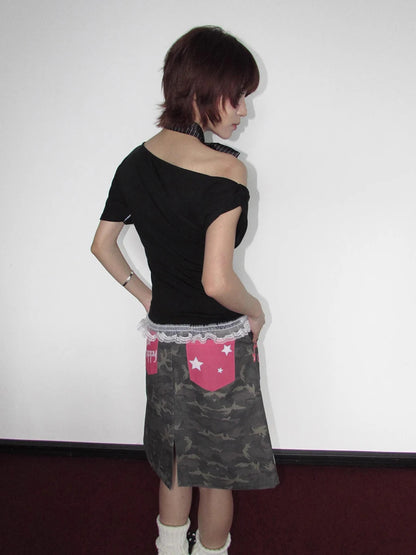 Chic Dollette Petite Y2k 3D Digital Print Camouflage Skirt Retro Punk Graffiti Star High Waist Slit Knee Long Skirt Women Streetwear