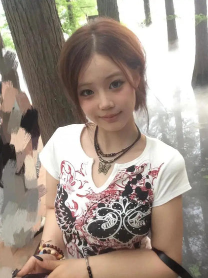 Chic Dollette Hotsweet Grafik T-Shirts Kurzarm Japanischer Stil 2000er Kleidung Sommer Top Goth T-Shirts Damenbekleidung Chic