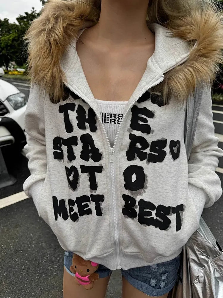 Chic Dollette Koreanische Mode Sweatshirts Harajuku Gothic Bedruckte Mäntel Jacken Subkultur Vintage Kunstfell Kapuzenpullover Lässige Kleidung