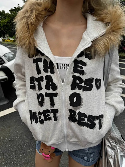 Chic Dollette Koreanische Mode Sweatshirts Harajuku Gothic Bedruckte Mäntel Jacken Subkultur Vintage Kunstfell Kapuzenpullover Lässige Kleidung
