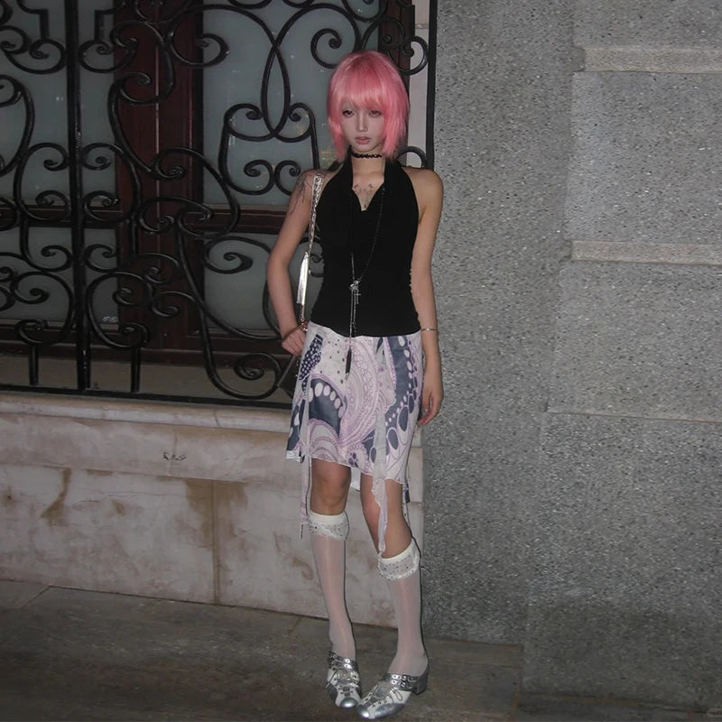 Chic Dollette Japanisches Tanktop mit Schwingkragen, unregelmäßigem Schnitt, ärmellos, Streetwear, 2000er Grunge Weste Top Tee